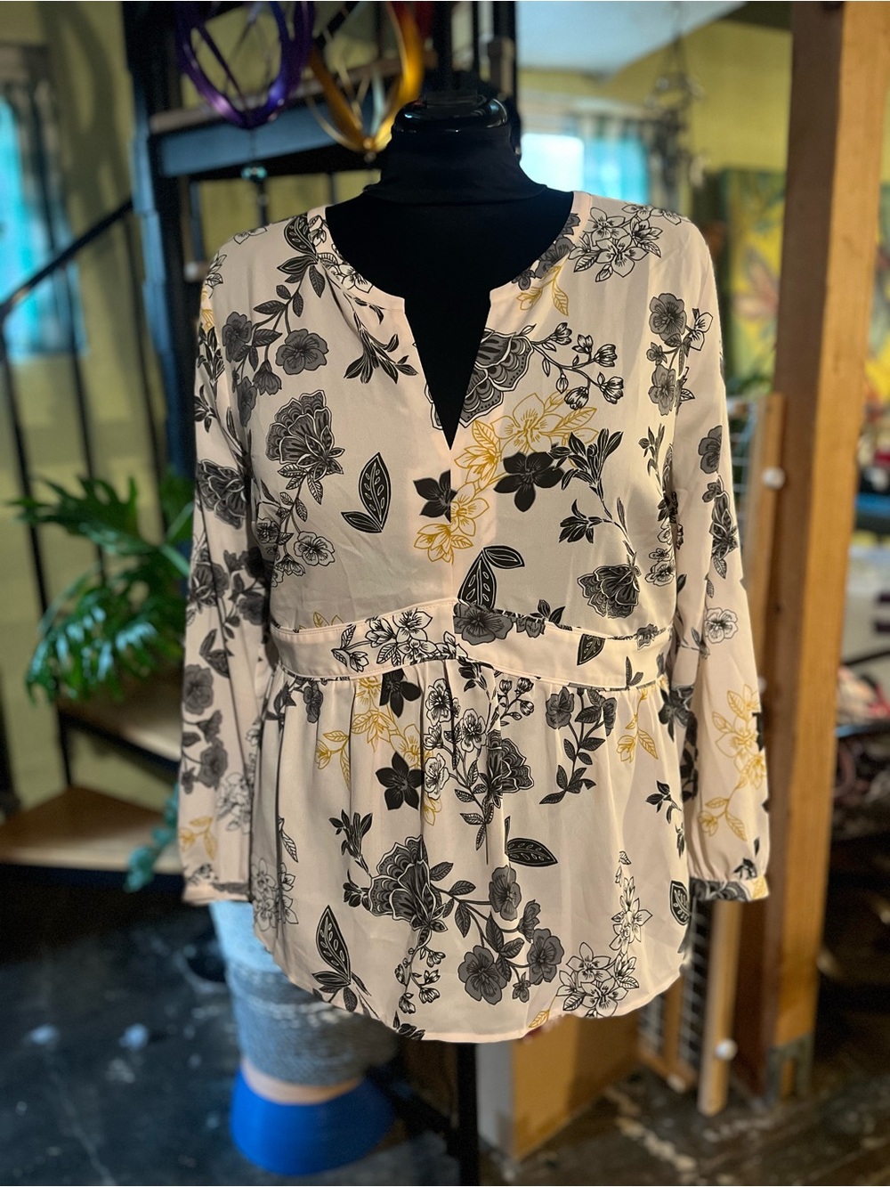 LOFT Cream Floral Peplum Blouse with Black & Yellow Print